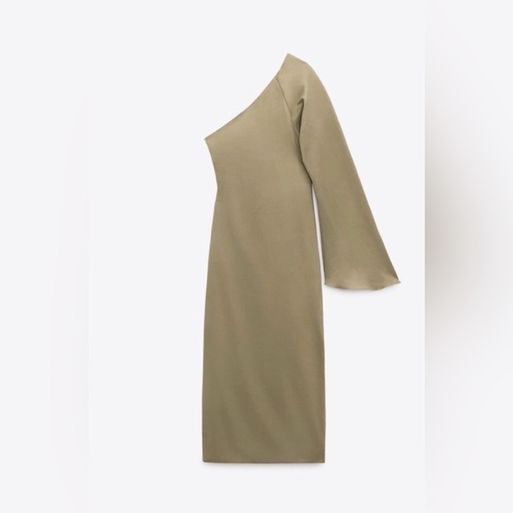 Zara Khaki Asymmetric Linen Blend Midi Dress - Picture 2 of 7